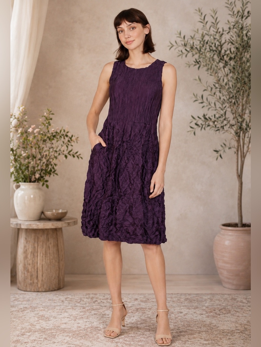 ALQUEMA CRUSHED POCKET CRINKLE STRETCHY SLEEVELESS DRESS EGGPLANT QUIET LUX 6-10